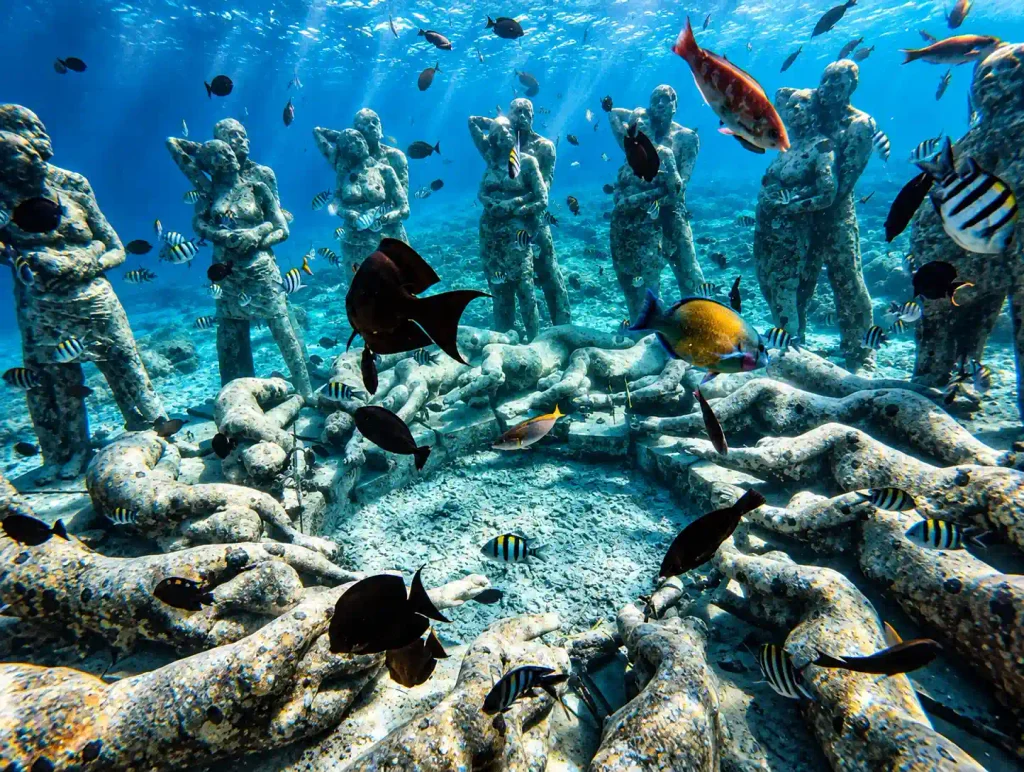 Snorkeler viewing an underwater statue near Gili Meno