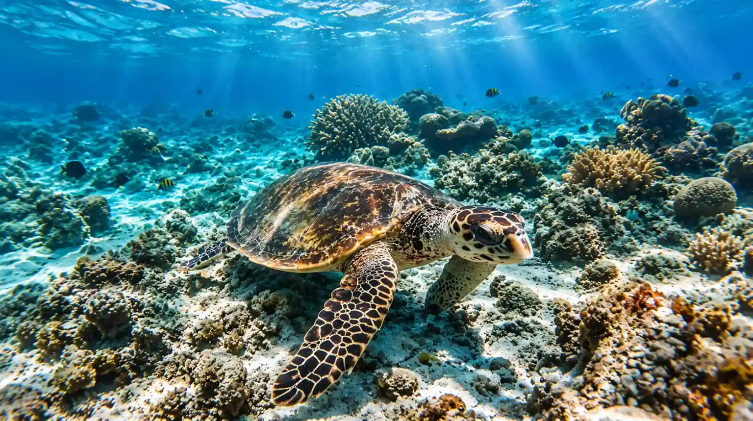 Sea turtle swimming in the waters around the Gili Islands